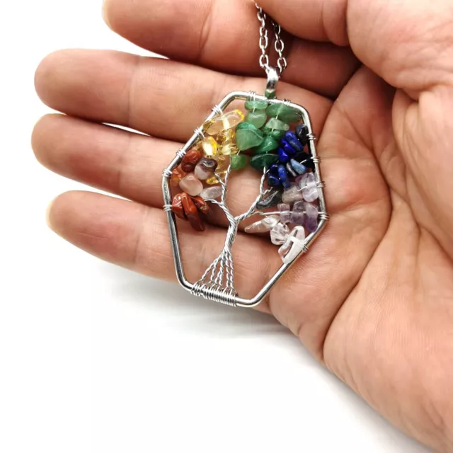 Wire Wrapped Tree of Life Natural Crystal Necklace Chips Gravel Healing Pendant