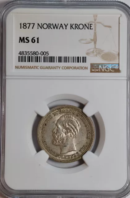 1877 Norway Silver Krone NGC MS-61 Scarce In This Grade