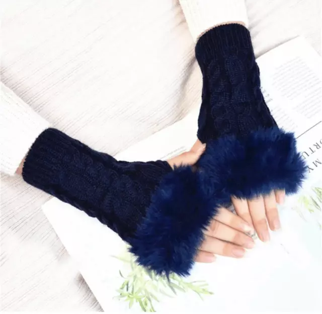 Women’s Warm Ultra Soft Knit Fingerless Gloves Navy Blue Faux Fur Thumbholes NWT