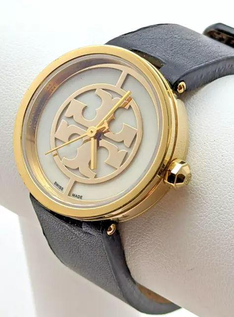 Tory Burch 27mm Robinson Leather Watch W/ Moving Logo, Black In Cream/black