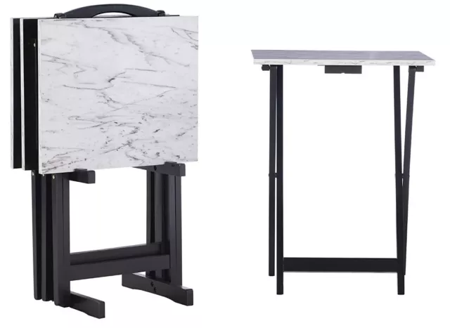 Set of 4 TV Tray Snack Table W/ Stand Wood Folding Portable Desk Faux Marble TOP Set of 4 TV Tray Snack Table W/ Stand Wood Folding Portable Desk Faux Marble TOP
