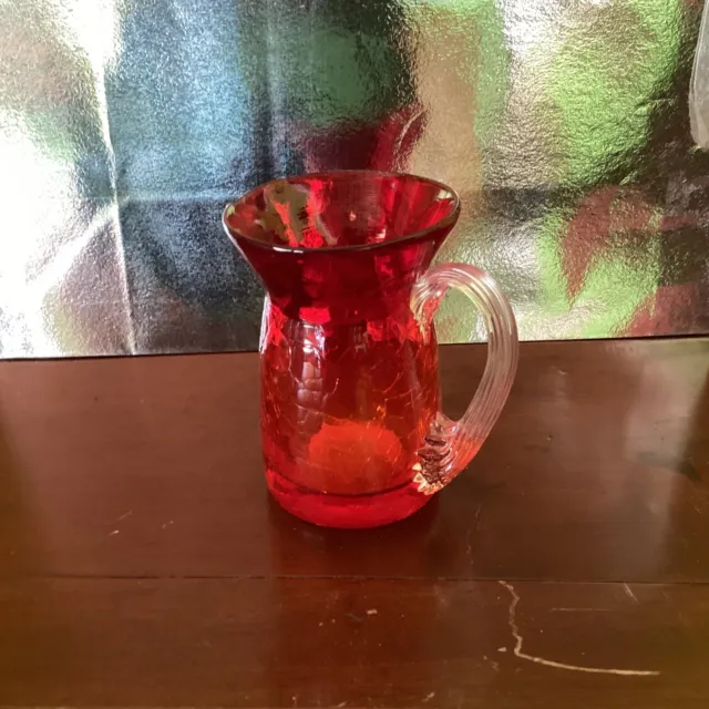 Vintage BLENKO Ruby Red Crackle Glass 3. 75 “ Pitcher Bud Vase Hand Blown