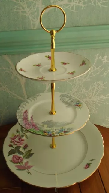 3 tier china cake stand. Mismatched pink & ditsy roses, Lovers Lane plates
