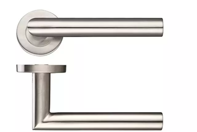 Dale Mitred Lever Door Handles On Round Rose - Satin Stainless PAIR Passage set