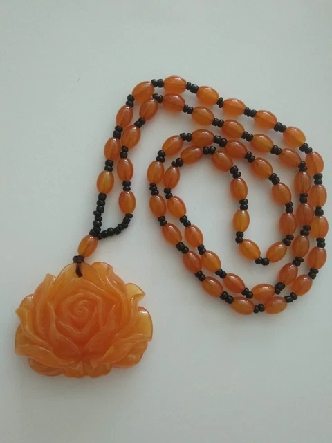 Beautiful Hand Carved Amber Rose Pendant & Beaded Necklace-UK seller