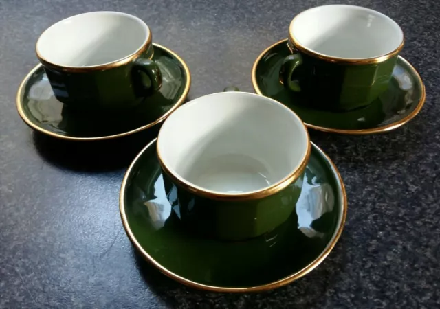 Apilco Classic 80s Green/Gold Coffee Cups & Saucers x 3 (Perfect Cond) Medium