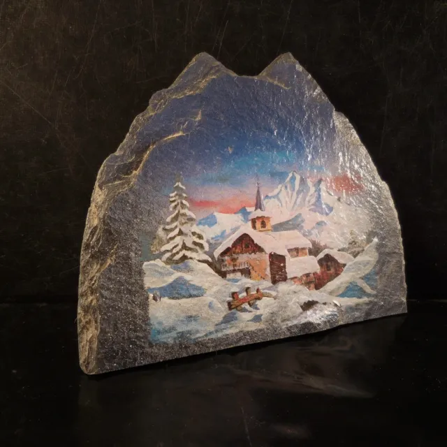 Sérigraphie paysage village montagne neige sur ardoise art déco France N3051