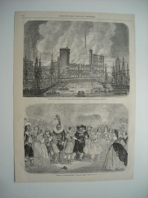 Gravure 1861. Incendie Raffinerie Belge Et L’entrepot Saint-Felix, A  Anvers....
