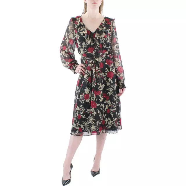 Jessica Howard Womens Black Chiffon Floral Midi Fit & Flare Dress 14 BHFO 0683
