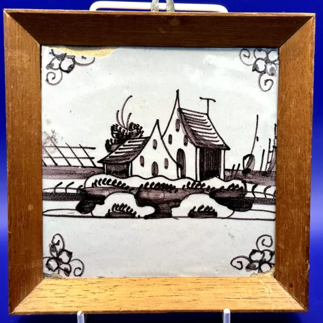 Antique Dutch Delft Faience Tile With House and Sailboat 18th Century Pine Frame