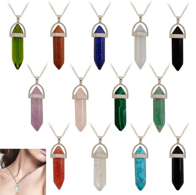 Crystal Gemstone Necklace Pendant Natural Chakra Stone Energy Healing with Chain