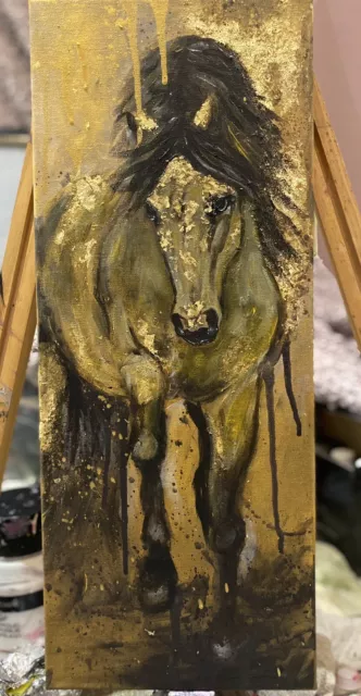 Original Hand painted Horse Acrylic Painting On Canvas Small With Gold Leaf