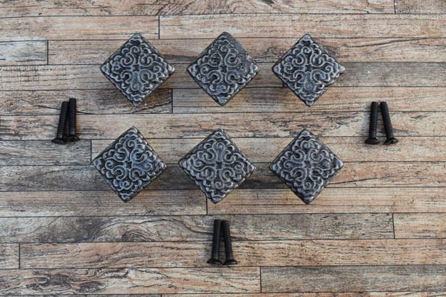 6 pcs Vintage Cast Iron Knobs Flower Drawer Cabinet Door Kitchen Pulls Handles