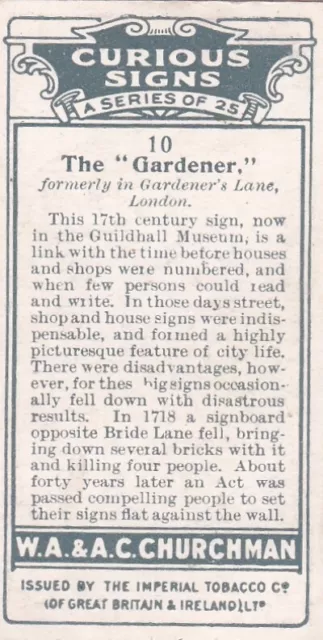 Curious Signs 1925 -  10 The Gardner  - Churchman Cigarette Card 2