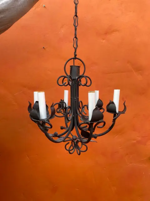 Vintage Spanish Revival Wrought Iron Chandelier Hanging ceiling light Gothic mcm