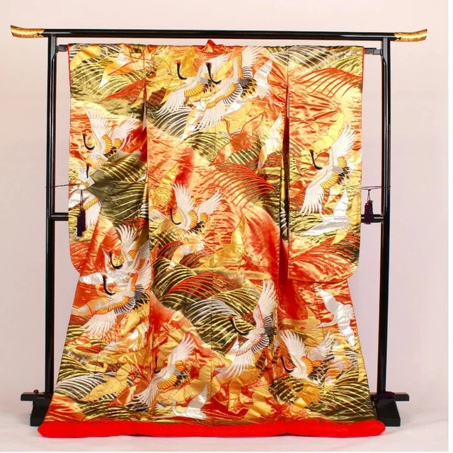 Japanese Silk Wedding Kimono Iro-Uchikake Free Size Red Gold Silver Crane