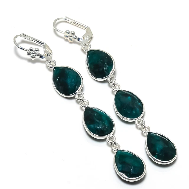 Green Jade Gemstone handmade 925 Sterling Silver Jewelry Earring 2.84 " W948
