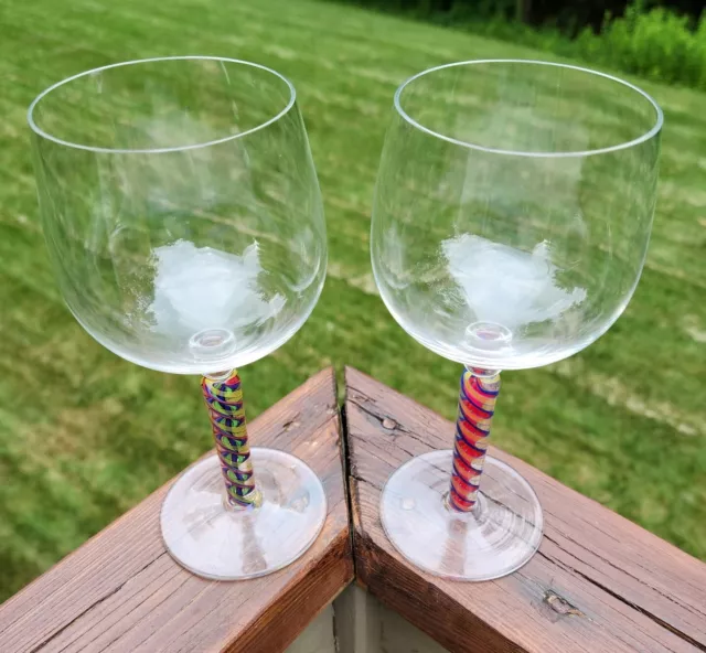 Pair Handblown Multi-Colored Cane Stem Wine Glasses Signed James Nadal New York