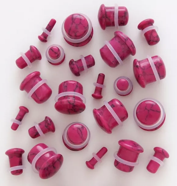 1 Pair 4g Organic Pink Howlite Stone Single Flare Ear Plugs Four Gauge 5mm