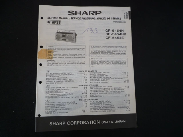 ORIGINAL SCHALTPLAN Service Manual Schaltplan Sharp GF-5454H EUR 12,50 ...