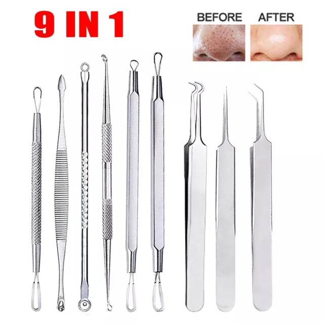9 in 1 Set Blackhead Extractor Remover Pimple Blemish Comedone Acne Clip Tool