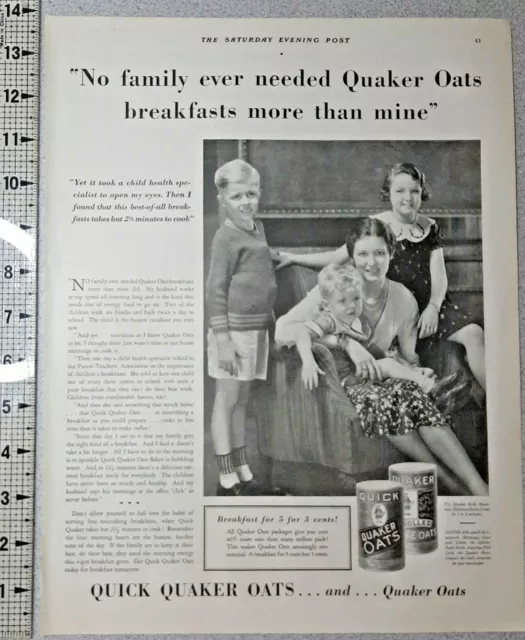 1931 Quaker Oats Vintage Print Ad Quick Oatmeal Breakfast Mother Kids Baby B&W