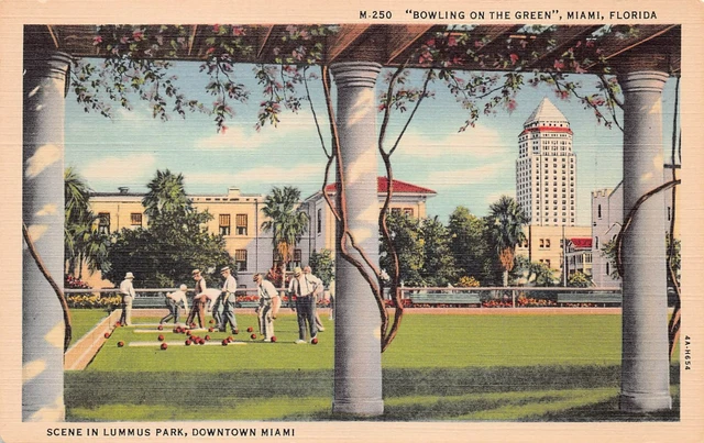 Miami Beach FL Downtown Lummus Park Bowling 1930s Luxury Hotels Vtg Postcard V2