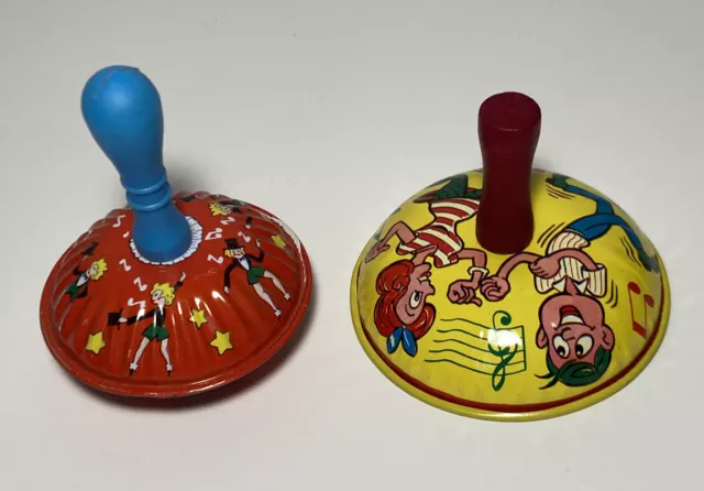 2 Vintage Tin Noise Makers Metal Toy Party Shakers Bell