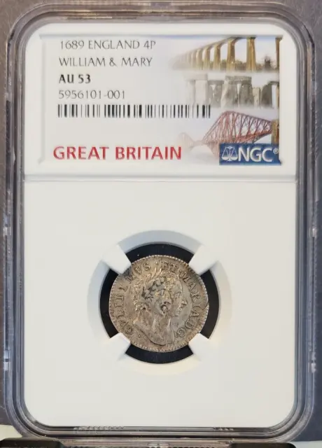 1689 England Silver 4 Pence King William And Queen Mary Ngc Au 53 Scarce Coin