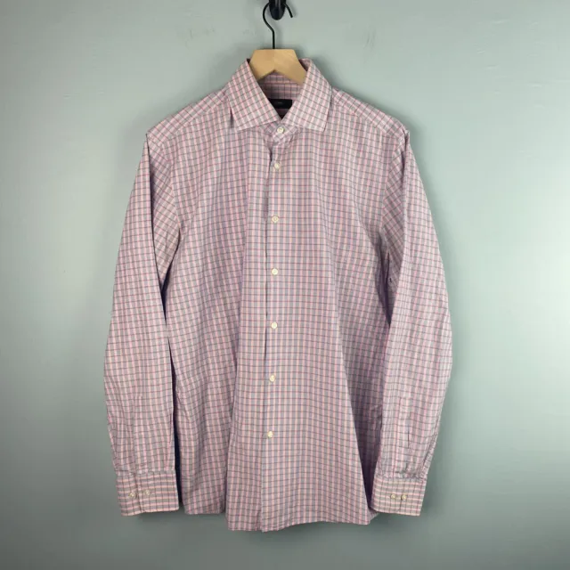 Mens Hugo Boss Sharp Fit Plaid Button Up Shirt Blue & Pink Size 16 34/35 (Large)