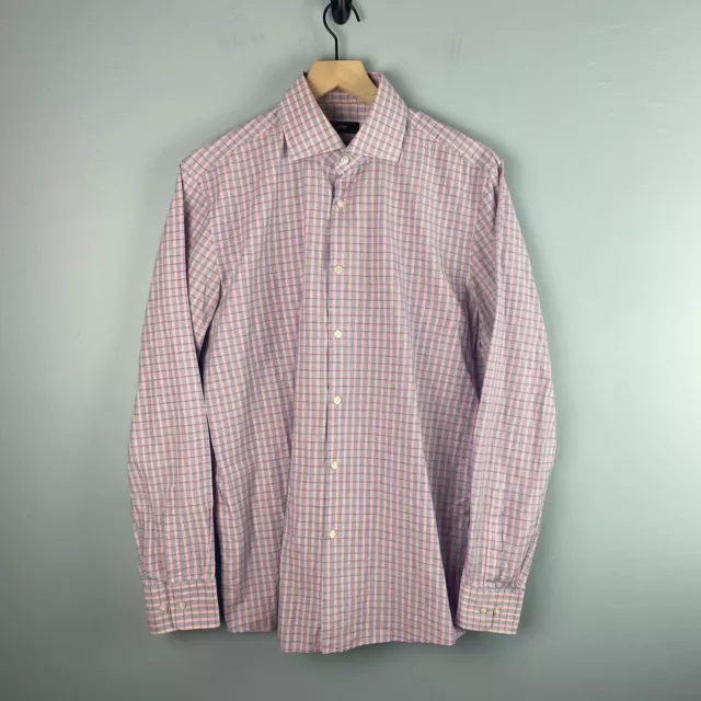 Mens Hugo Boss Sharp Fit Plaid Button Up Shirt Blue & Pink Size 16 34/35 (Large)