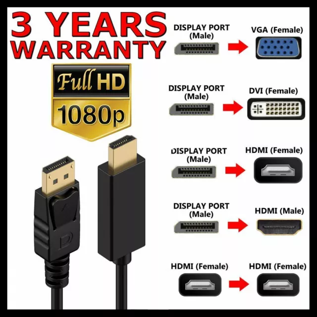 Displayport DP Male to VGA DVI HDMI Female Display Port Converter Adapter Cable