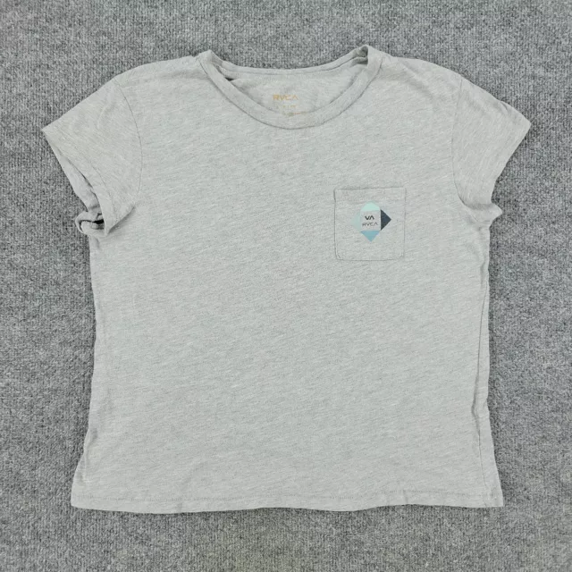 RVCA Shirt Women's Small Gray Logo Pocket Graphic Tee Short Sleeve Top Stretch