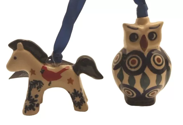 Boleslawiec Polish Stoneware Pottery Owl And Horse Christmas Ornament 2