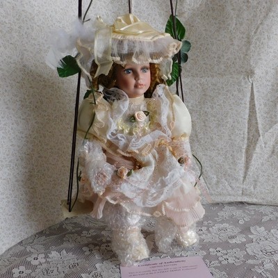 Vintage Cathay Porcelain Doll on Swing, Original Box, Doll is Brunette (6297)