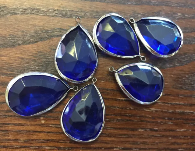 Vintage NOS Big Titanic Blue Lucite Faceted Pear Drop Silver Plate Drops Charms