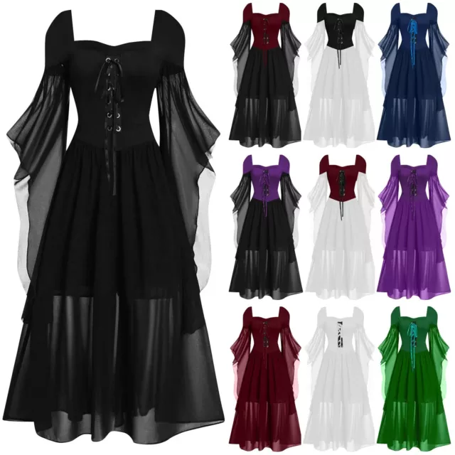 Renaissance Gothic Dress for Women Halloween Costume Lace Trumpet Sleeve Dresses