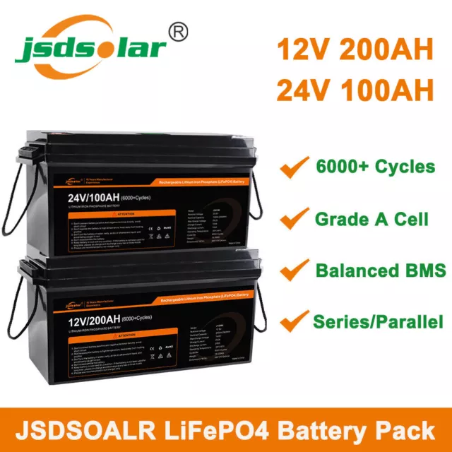 JSDSOLAR 12V 200Ah 24V 100Ah LiFePO4 Battery Pack Built-in BMS RV Solar System