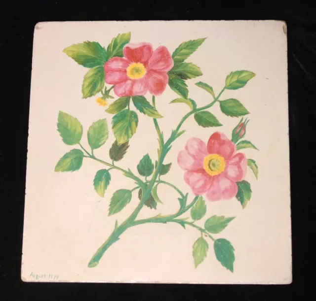 Minton Hollins Tile Hand Painted 1879 Floral Pink & Green Stoke On Trent  8"X8"