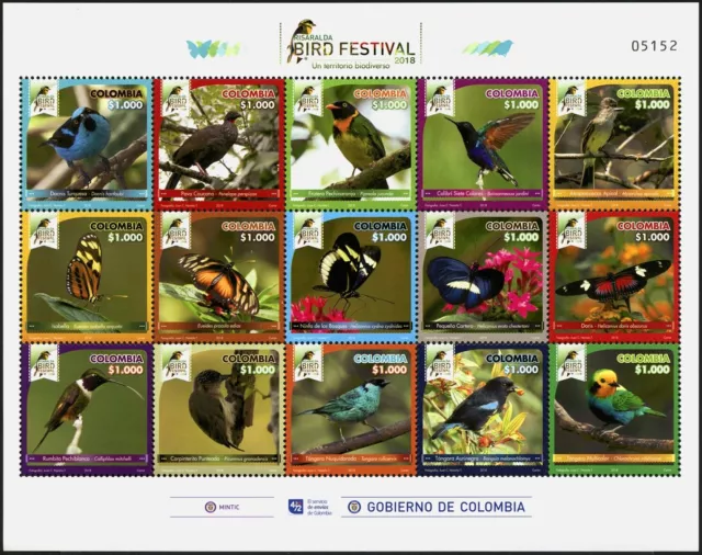 Kolumbien Colombia 2018 Vögel Schmetterlinge Bird Festival Kleinbogen MNH