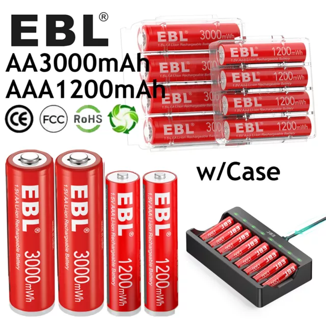 EBL 1.5V AA AAA Rechargeable Lithium ion Battery Batteries  / Smart Charger Lot