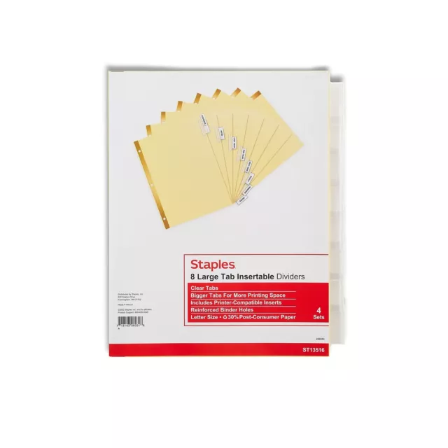 Staples Big Tab Blank Paper Dividers 8-Tab Clear 4/Pack (13516/14482) 431424