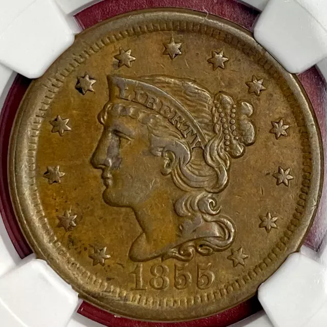 Ngc Au-50! 1855 Upright 55 Braided Hair Large Cent