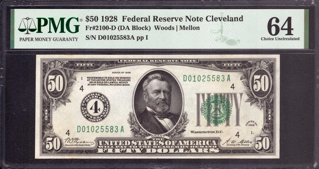 1928 $50 Federal Reserve Note Cleveland Fr.2100-D Pmg Choice Unc Cu 64