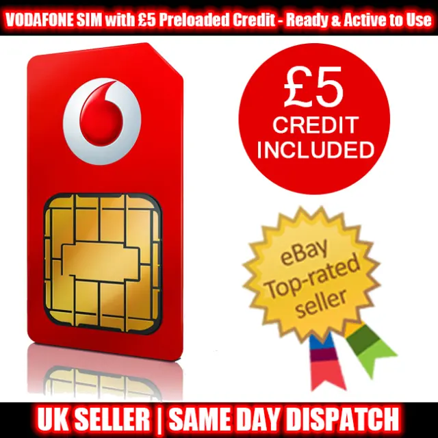£5 Preloaded CREDIT VODAFONE UK Network Sim Card Ready and Active to Use