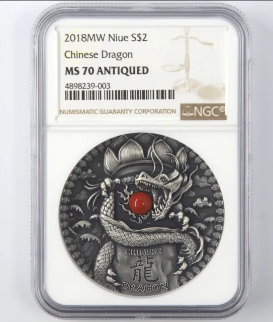 NGC MS70 2018 Niue Chinese Dragon 2OZ Antique Silver Coin With Coral