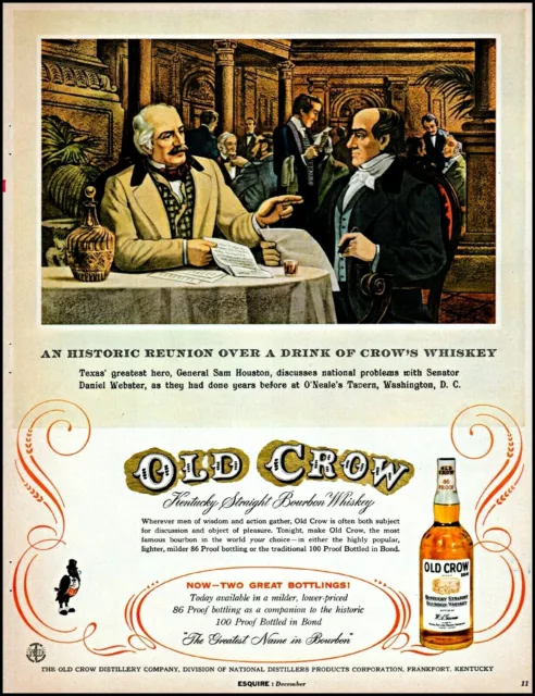 1955 Sam Houston Daniel Webster Old Crow bourbon vintage art Print Ad adL66