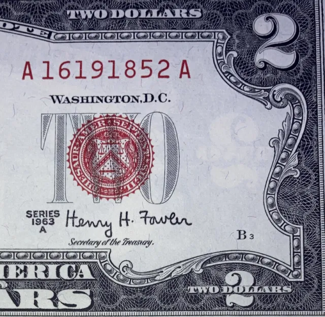 1963 ($2) Dollar Red Seals Consecutive Serial Numbers Legal Tender  Uncirculated