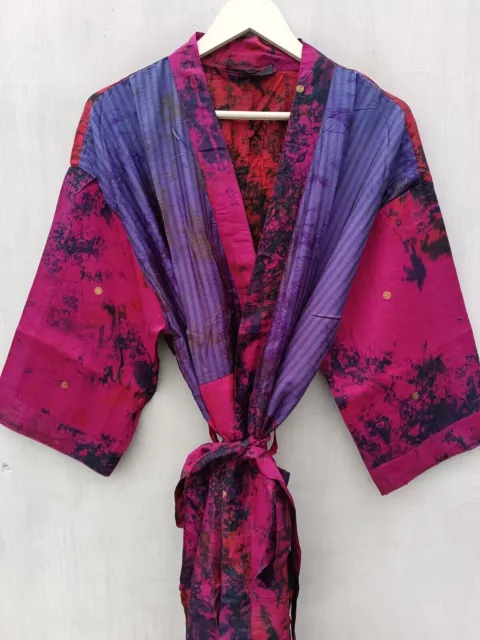 Woman's Patchwork Silk Tie Dye Kimono Multi Color Vintage Indian Gown, T-316