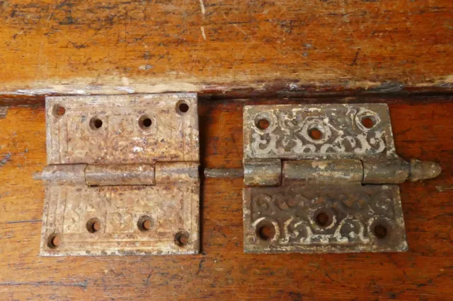 2) Antique Vintage Old Cast Iron Ornate Door Hinges - 3 1/2” x 3 1/2” Mix-Match